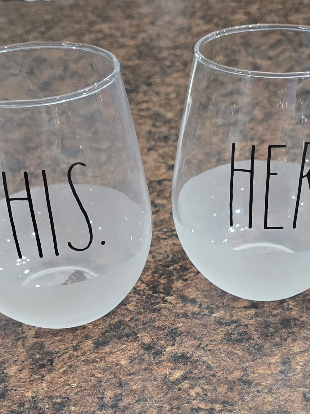 Rae Dunn Frosted Stemless Wine Glasses - His & Hers Black Lettering